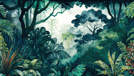 Watercolor illustration featuring a lush Amazon forest landscape, painted in harmonious colors that create a picturesque and calming natural environment. The intricate details and textures of the foliage and wildlife bring the scene to life. Generative AI.の素材