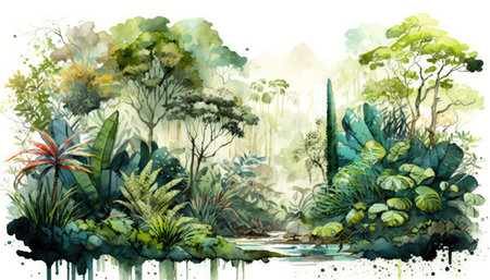Watercolor illustration featuring a lush Amazon forest landscape, painted in harmonious colors that create a picturesque and calming natural environment. The intricate details and textures of the foliage and wildlife bring the scene to life. Generative AI.の素材