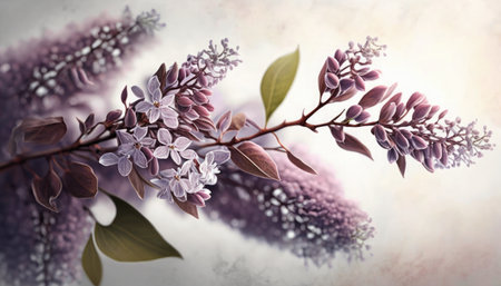 Close up illustration of a lilac blossom branch with beautiful purple flowers in soft focus. Blurred background. Generative AI illustration.の素材