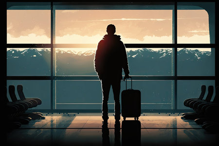 A traveler with a suitcase standing and waiting in an airport terminal before departure, viewed from behind. Generative AI.の素材