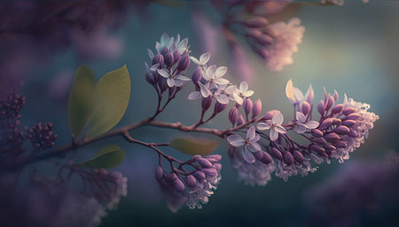 Close up illustration of a lilac blossom branch with beautiful purple flowers in soft focus. Blurred background. Generative AI illustration.の素材