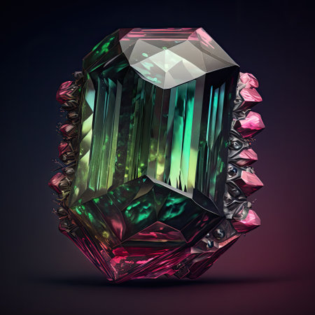 Front view of shining bright tourmaline gemstone illustration on a dark background. Generative AI illustration.の素材