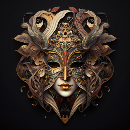 Venetian carnival mask, intricate design and details on a dark background. Front view. Generative AI illustration.の素材