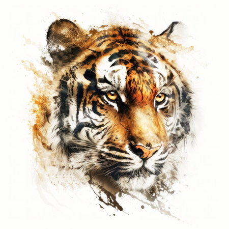 Stylized tiger head portrait on white background. Generative AI illustration.の素材
