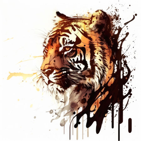 Stylized tiger head portrait on white background. Generative AI illustration.の素材