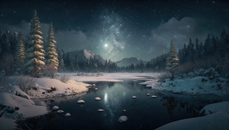 Night vast winter landscape art, a highly detailed, a valley with green pines, frozen ponds, floating lights all around, nebula sky, wide angle lens, fine ultra-detailed. Generative AI illustration.の素材