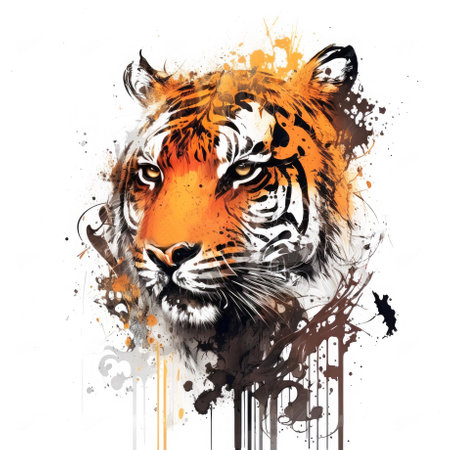 Stylized tiger head portrait on white background. Generative AI illustration.の素材