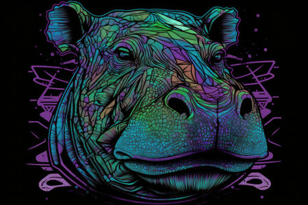 Stylized colorful portrait of a hippopotamus head with multicolored splashes on a dark black background. Generative AI illustration.の素材