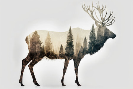 Double exposure photomontage of full length elk silhouette and forest. Generative AI illustration.の素材