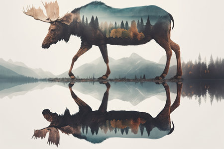 Double exposure photomontage of full length elk silhouette and forest. Generative AI illustration.の素材