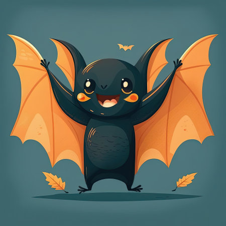 Happy and friendly smiling cute bat with open wings in cartoon style. Generative AI illustration.の素材