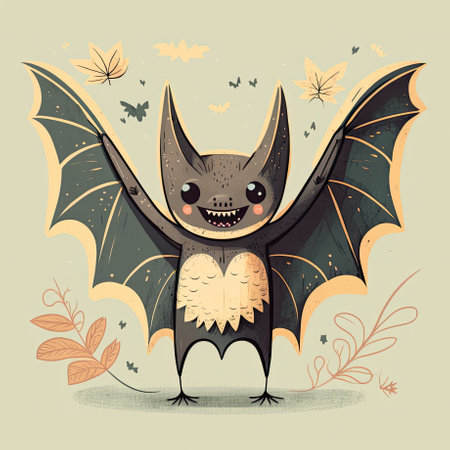 Happy and friendly smiling cute bat with open wings in cartoon style. Generative AI illustration.の素材