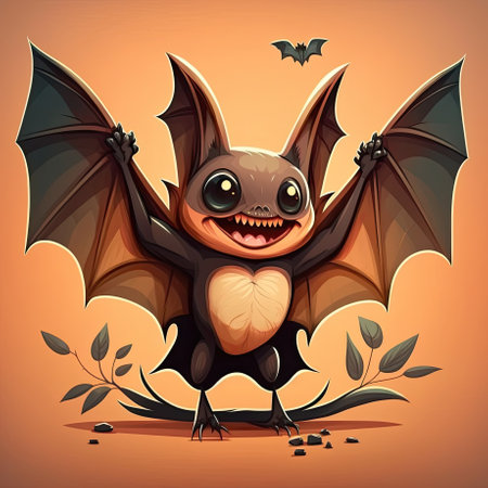 Happy and friendly smiling cute bat with open wings in cartoon style. Generative AI illustration.の素材