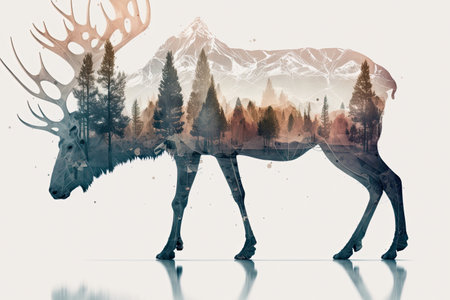 Double exposure photomontage of full length elk silhouette and forest. Generative AI illustration.の素材