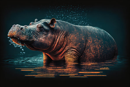 African hippo hippopotamus standing in water. Generative AI illustration. Generative AI illustration.の素材