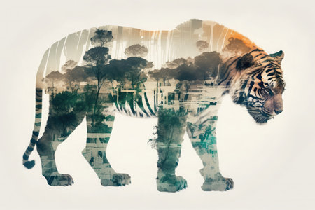 Tiger and forest double exposure collage photomontage image on white light background. Full body length side view. Generative AI illustration.の素材