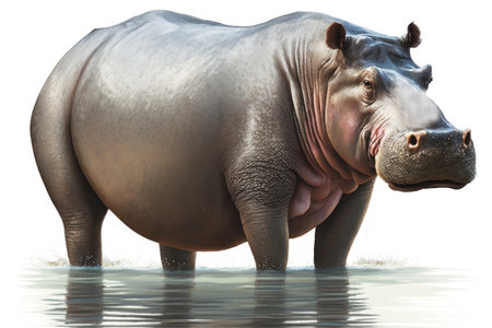 African hippo hippopotamus standing in water. Generative AI illustration. Generative AI illustration.の素材