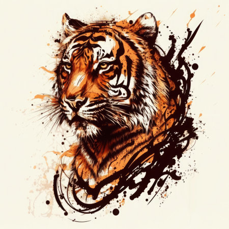 Stylized tiger head portrait on white background. Generative AI illustration.の素材