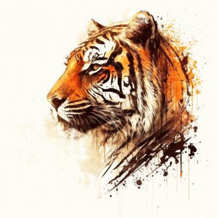Stylized tiger head portrait on white background. Generative AI illustration.の素材