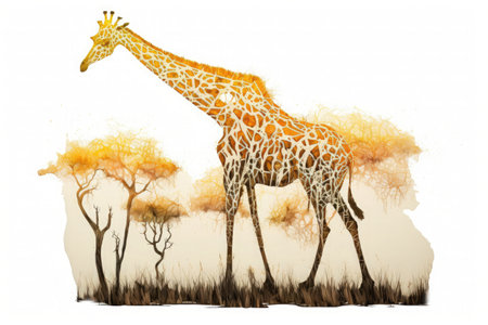 Stylized graphic art illustration of giraffe in savanna near the trees. Full length side view. Generative AI.の素材