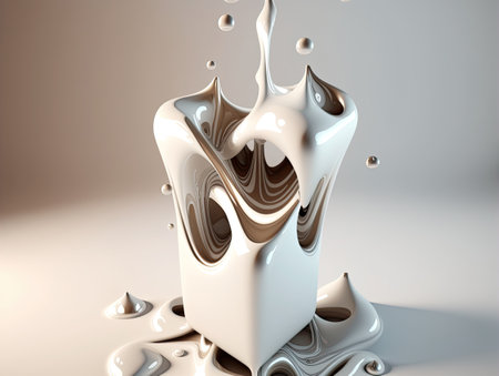 Abstract splashing melting shape with dripping drops. Generative AI illustration.の素材