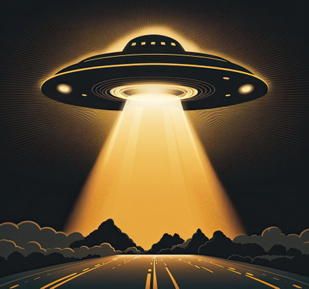 UFO flying spaceship with rays of light in night sky flat cartoon illustration. Generative AI.の素材