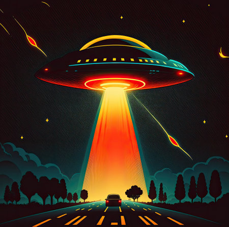 UFO flying spaceship with rays of light in night sky flat cartoon illustration. Generative AI.の素材
