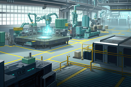 Modern automated factory manufacture technology illustration. Generative AI.の素材