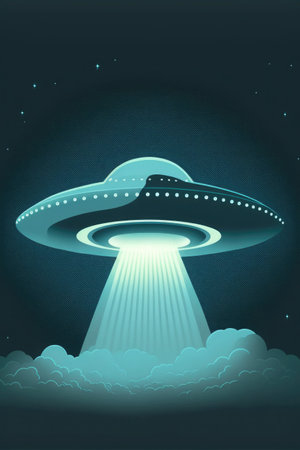 UFO flying spaceship with rays of light in night sky flat cartoon illustration. Generative AI.の素材