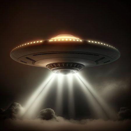 Unidentified flying object. Futuristic UFO on the black background with beam of light down. AI generative.の素材