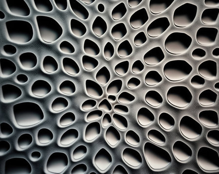 Abstract picture of a gray surface with a textured pattern. The surface with rounded holes of organic shape. Generative AI illustration.の素材