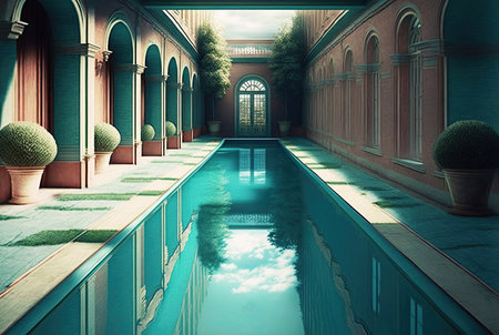A long, narrow pool in a classic-style patio surrounded by potted plants. Generative AI.の素材