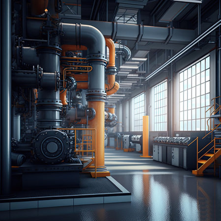 Modern automated factory manufacture technology illustration. Generative AI.の素材