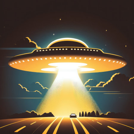 UFO flying spaceship with rays of light in night sky flat cartoon illustration. Generative AI.の素材