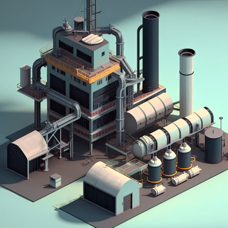 Modern factory illustration with automated machines. Generative AI.の素材
