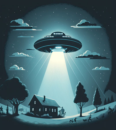 UFO flying spaceship with rays of light in night sky flat cartoon illustration. Generative AI.の素材