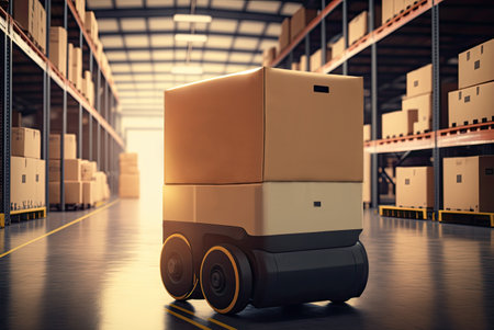 Mobile robot transporting a box in a warehouse. Automated retail warehouse AGV robots delivering cardboard boxes in distribution logistics center. Automated guided vehicles packages. AI generative.の素材