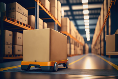 Mobile robot transporting a box in a warehouse. Automated retail warehouse AGV robots delivering cardboard boxes in distribution logistics center. Automated guided vehicles packages. AI generative.の素材