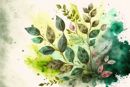 Spring watercolor illustration with green leaves and branches. Generative AI illustration.の素材