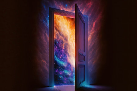 Neon lighting image with open door to universe. Generative AI.の素材