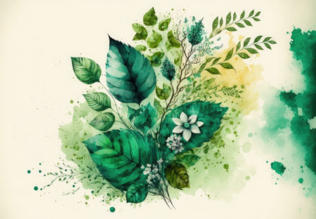 Spring floral watercolor green illustration on light background with flowers and leaves on branches. AI generative.の素材