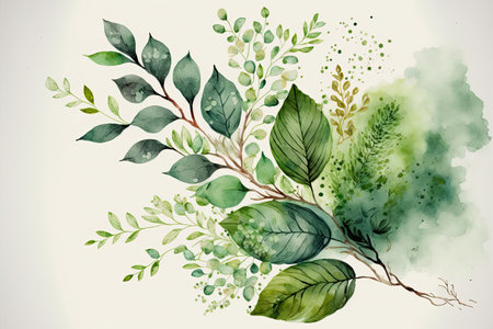 Spring floral watercolor green illustration on light background with flowers and leaves on branches. AI generative.の素材