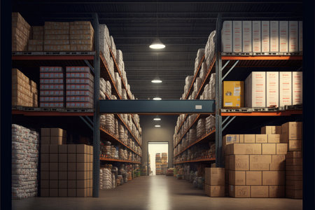 Large warehouse inside, boxes are on the shelves. Generative AI illustration.の素材