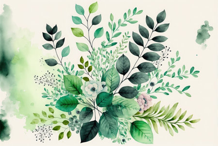 Spring watercolor illustration with green leaves and branches. Generative AI illustration.の素材