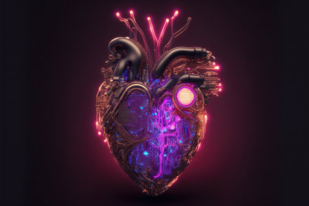 Cyberpunk high-tech neon glowing heart natural shape. Generative AI illustration.の素材