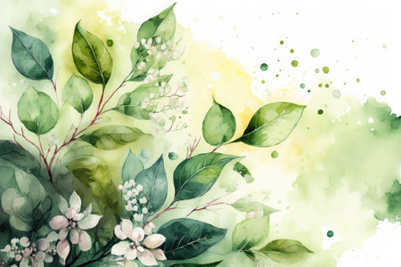 Spring floral watercolor green illustration on light background with flowers and leaves on branches. AI generative.の素材