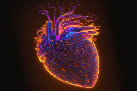 Cyberpunk high-tech neon glowing heart natural shape. Generative AI illustration.の素材