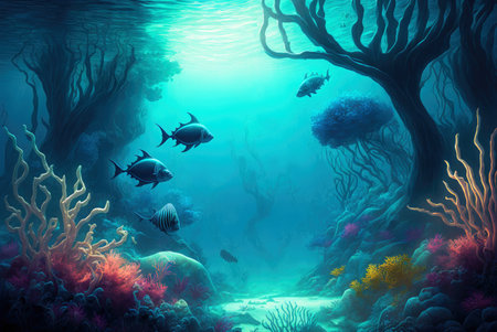 Underwater river or seascape with tree roots, tropical fish, and algae. Generative AI illustration.の素材