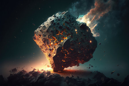 Falling hot smoking meteorite and debris on the surface. Generative AI illustration.の素材