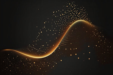 Abstract techno shiny waves with moving lines and shining particles. Design element with glowing effect on dark background. Generative AI illustration.の素材